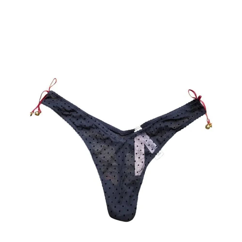 NWT Victoria's Secret Panty Women's Medium Black Sheer Polka Dot Bell Bows